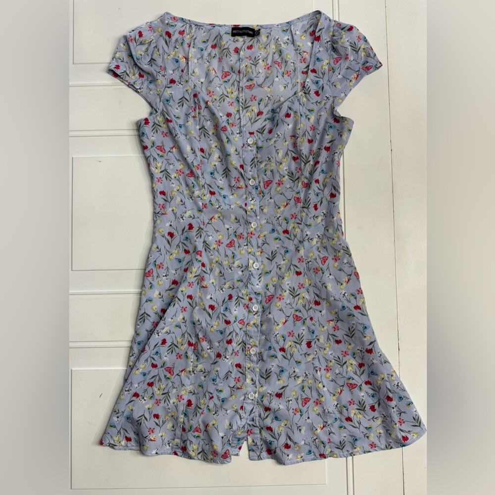 PrettyLittleThing Womens Sz 6 Flutter Sleeve Blue Floral Midi Sun Dress